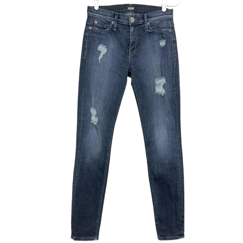 Hudson Women Distressed Nico Mid Rise Super Skinny Stretch Blue Jeggings Size 26